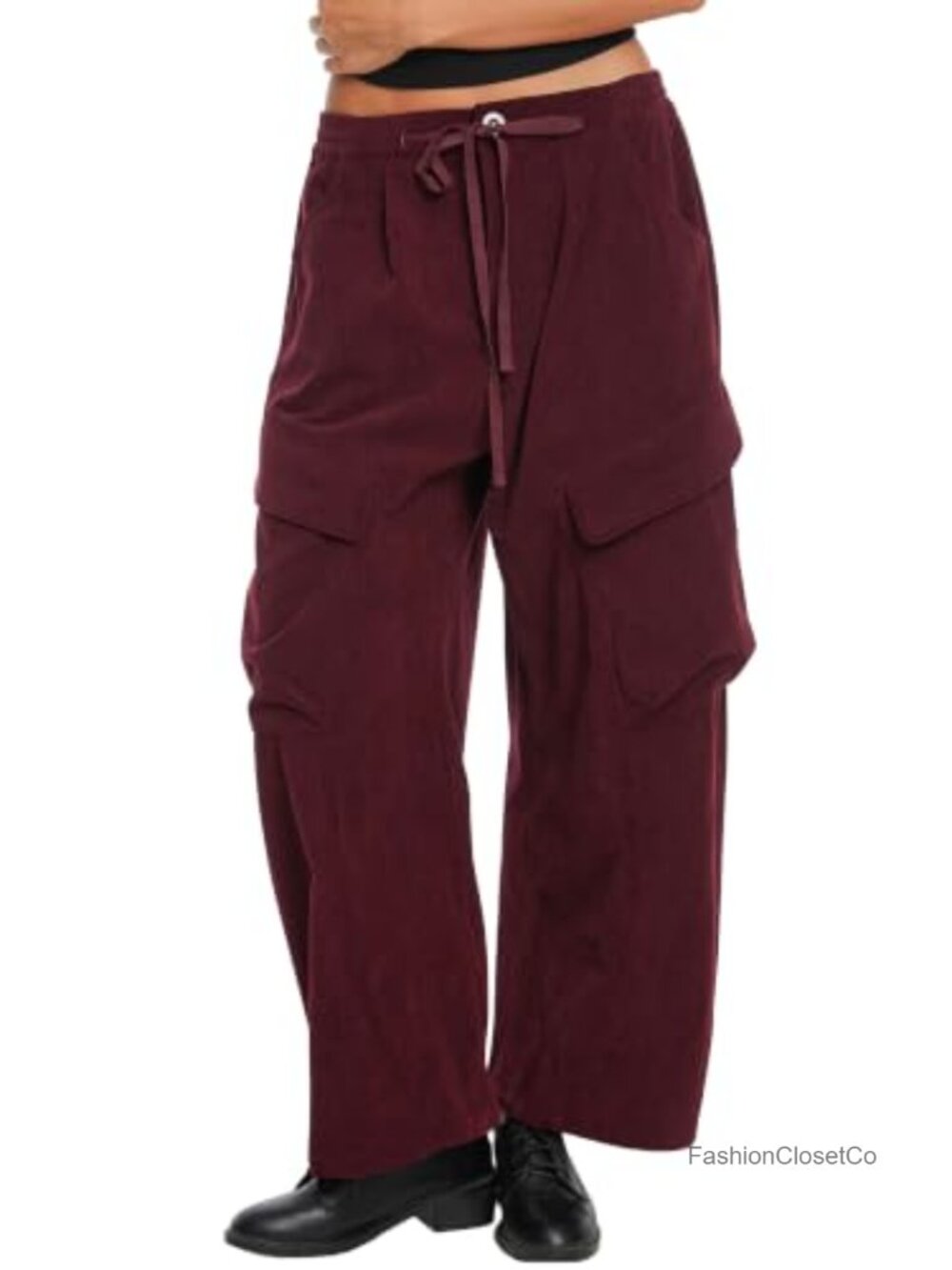 Corduroy Cargo Pants Wide Leg Drawstring High Waist Utility